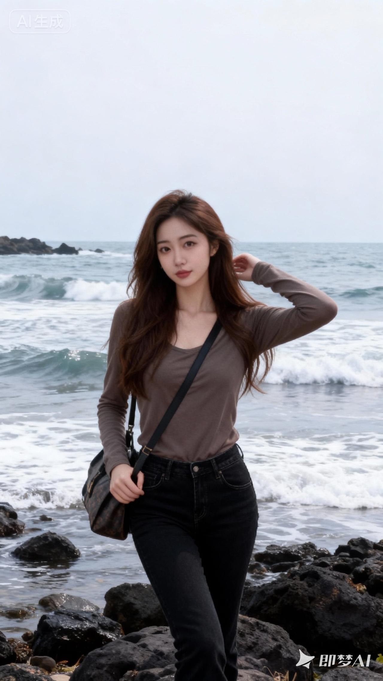 高清自然，日常快照风格，非精心构图或打光，纯欲风，美女，御姐风，棕色长发，时尚前