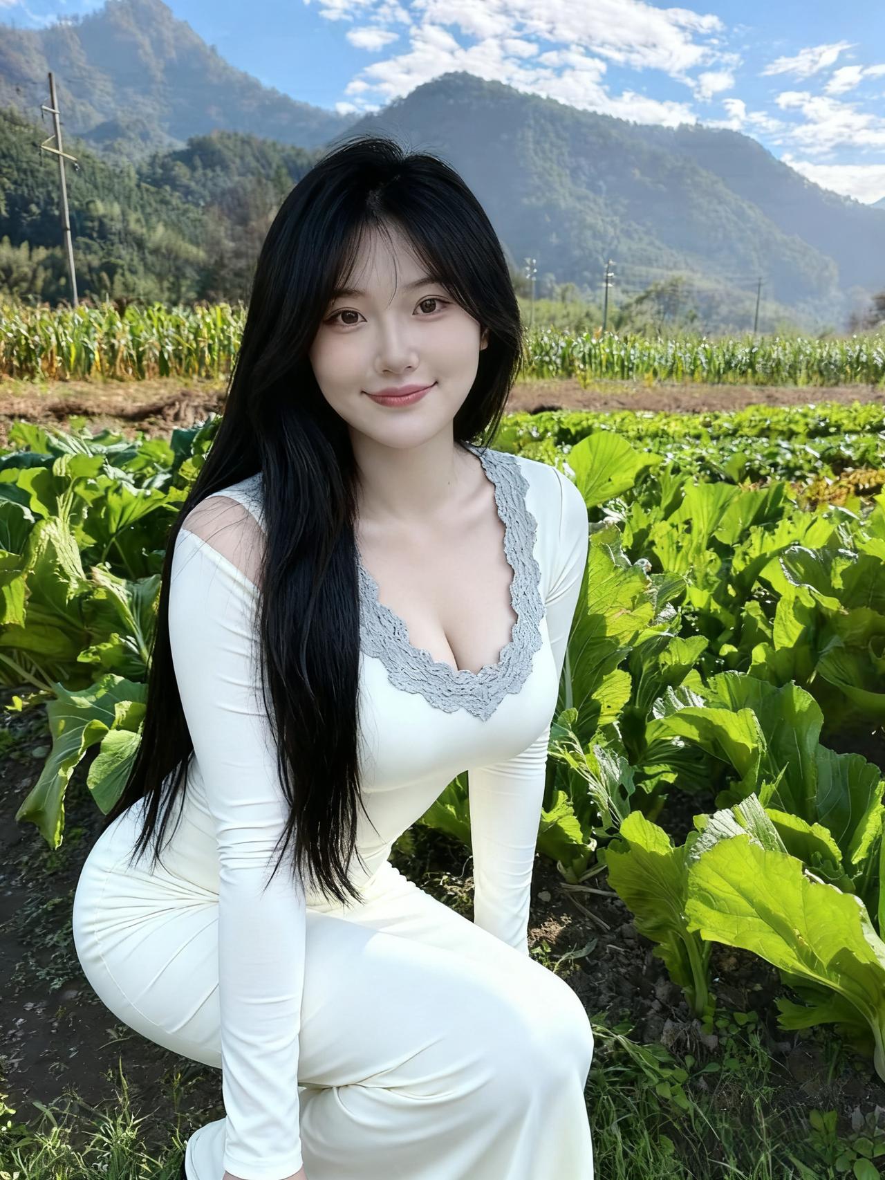 俯身蹲坐菜畦边，野色铺笺接远巅。玉米摇金分霁色，白菜堆绿拥晴烟。发梢偶坠露珠