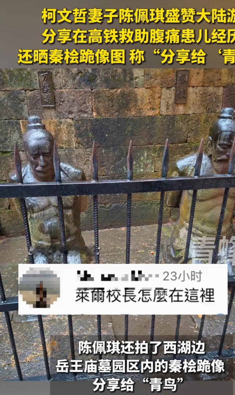 陈佩琪晒秦桧跪像给“青鸟”，配文说“拍几张秦桧跪像和青鸟们分享”，这一招够狠、够