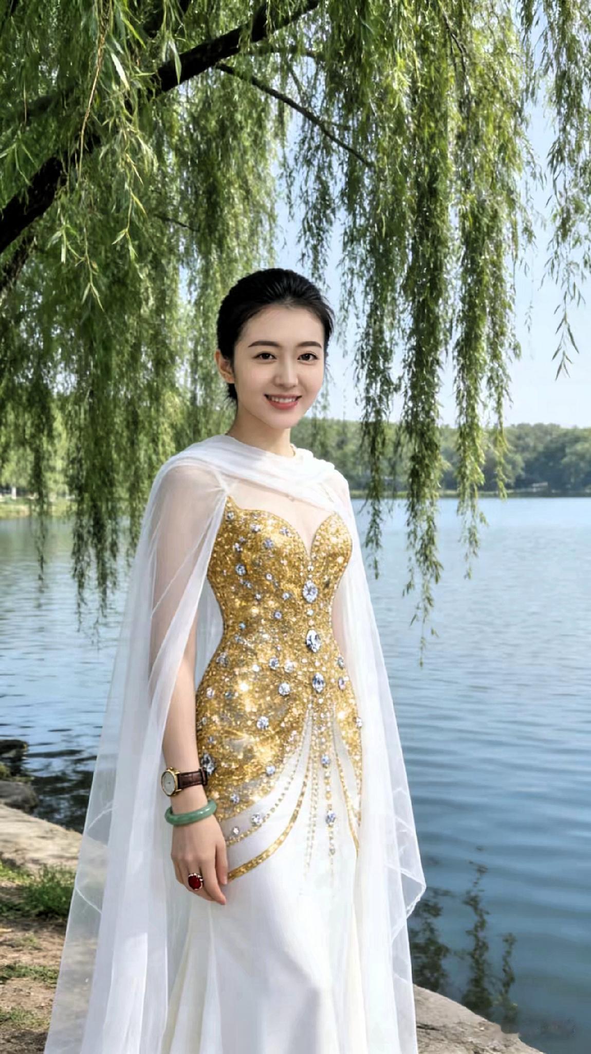 姑娘在湖边穿金色礼服，好漂亮！