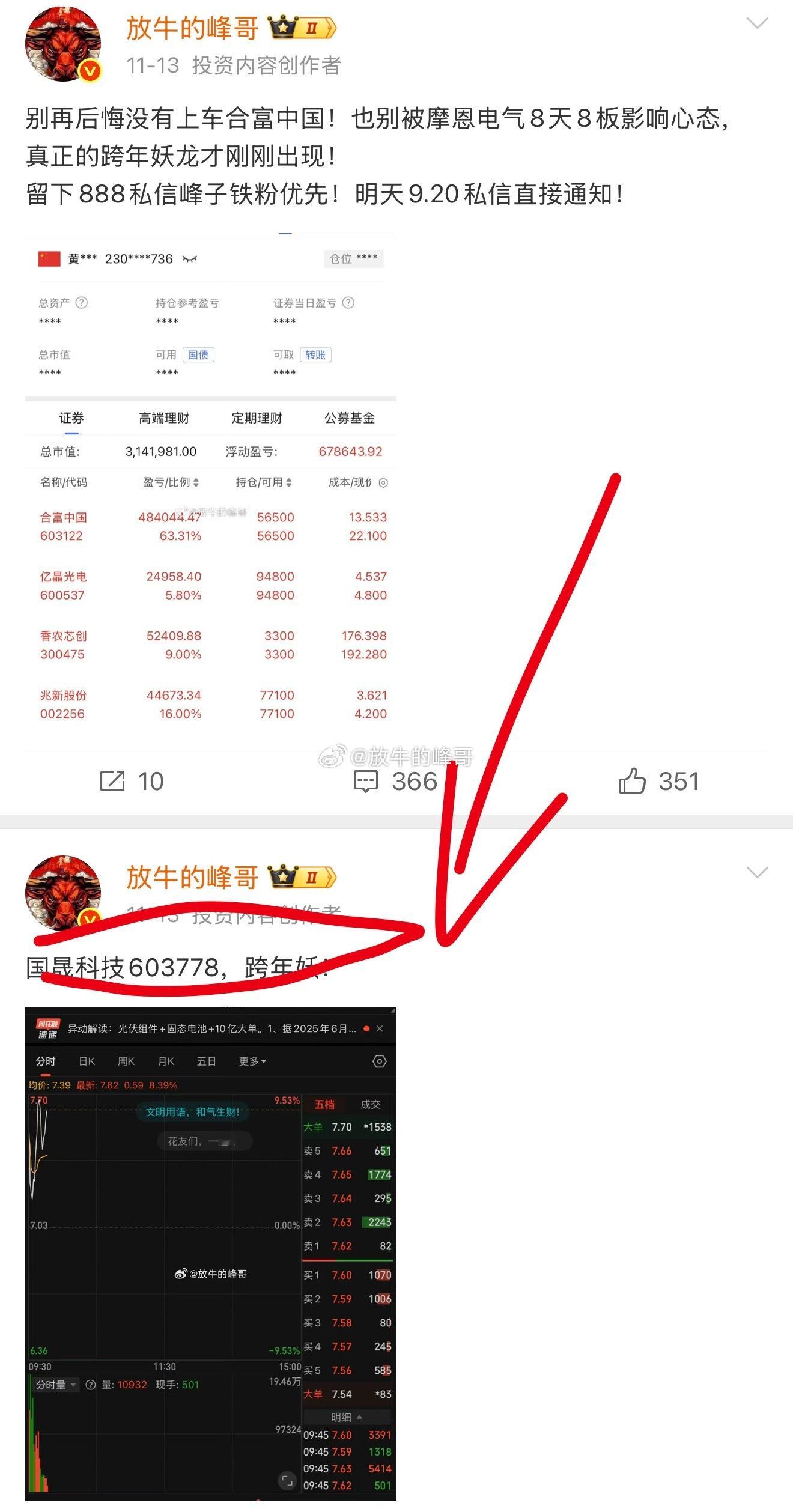 还记得大家报名上车跨年妖的时候，给大家说的国晟科技吗？当时买入，跌停加仓，已经翻