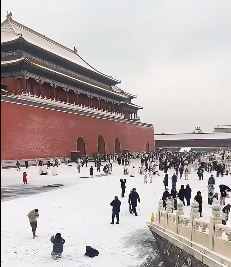 北京下雪了，最热闹的可能就是故宫了，里三层外三层，挤满了人，甚至周末的票已经预约
