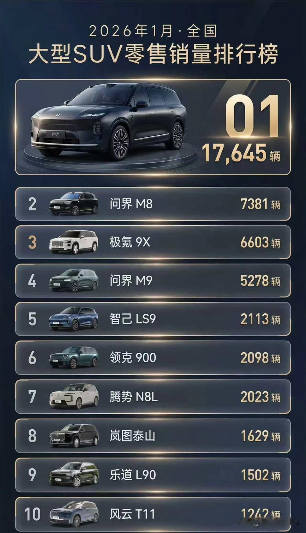 大型suv零售销量排行榜，es8第一，加不加纯电定语都是第一☝️情况就是这么个情