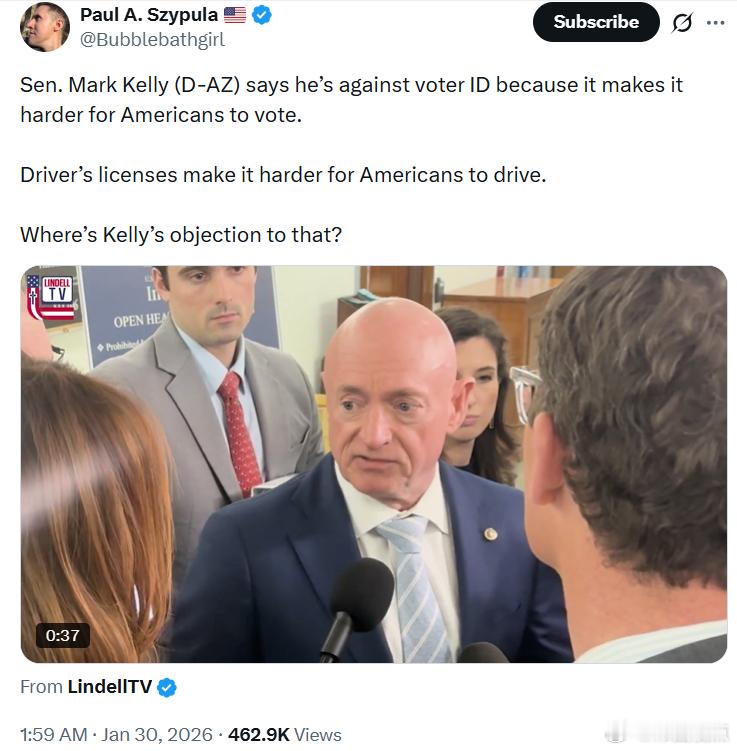 丑陋的嘴脸——亚利桑那州民左党参议员马克·凯利表示，他反对选民身份证（Voter