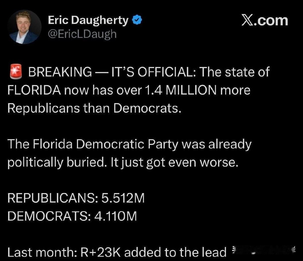 突发消息｜正式确认：佛罗里达州的共和党人现已比民主党人多出140万！