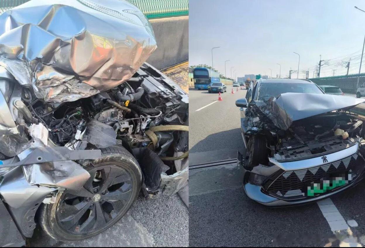 汽场全开近日，有一位比亚迪宋plus车主在车友群内分享自己爱车高速追尾大货车，