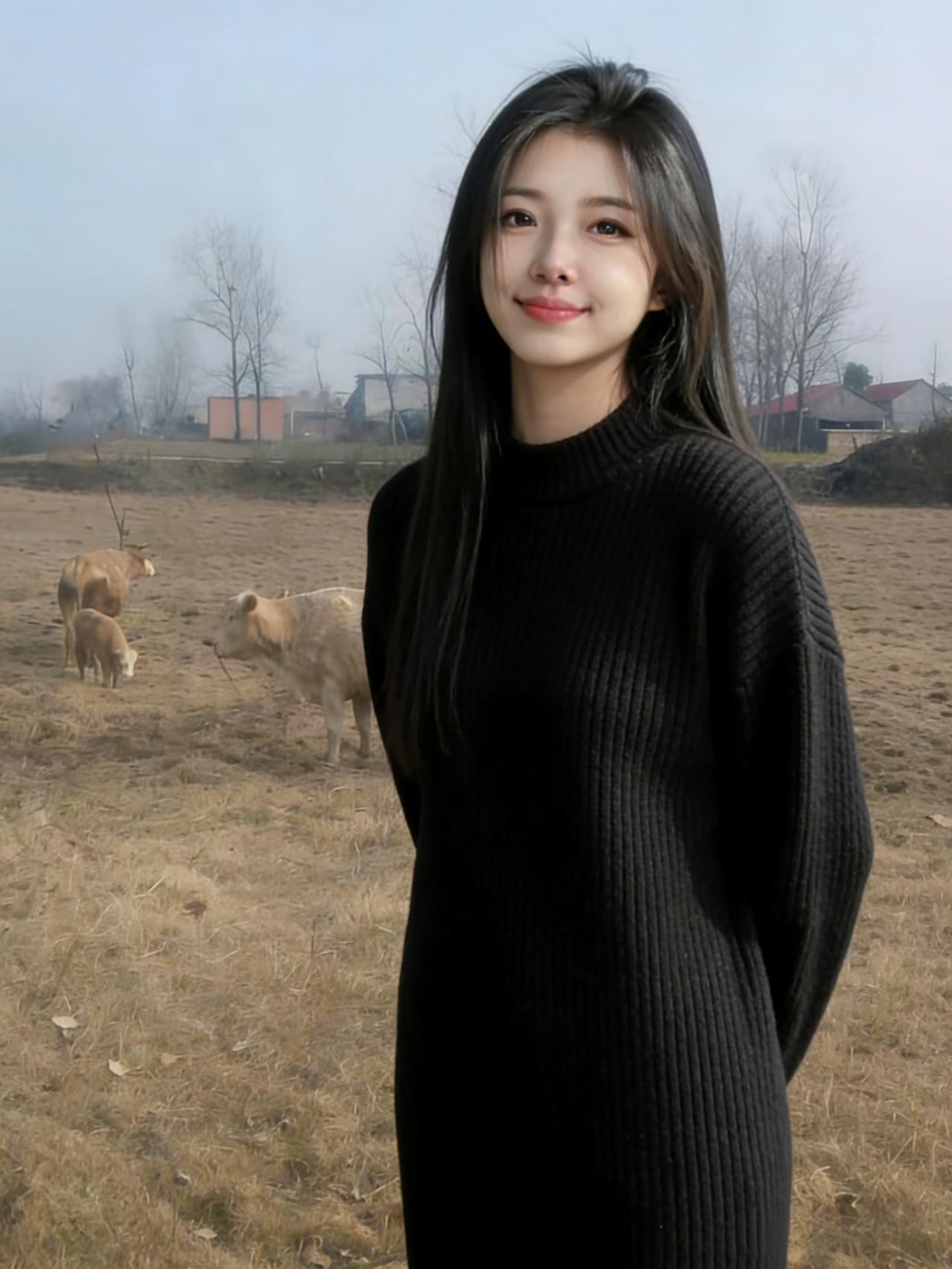 她把黑色织进风里在冬草泛黄的田野站成一株安静的树身后的牛群嚼着阳光她的笑比