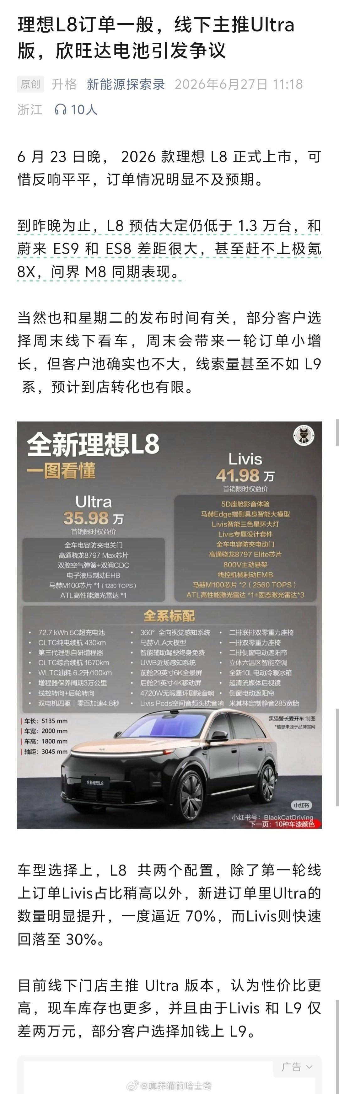 有媒体报道理想L8上市72小时（到26日晚）预估大定仍低于1.3万台,和蔚来