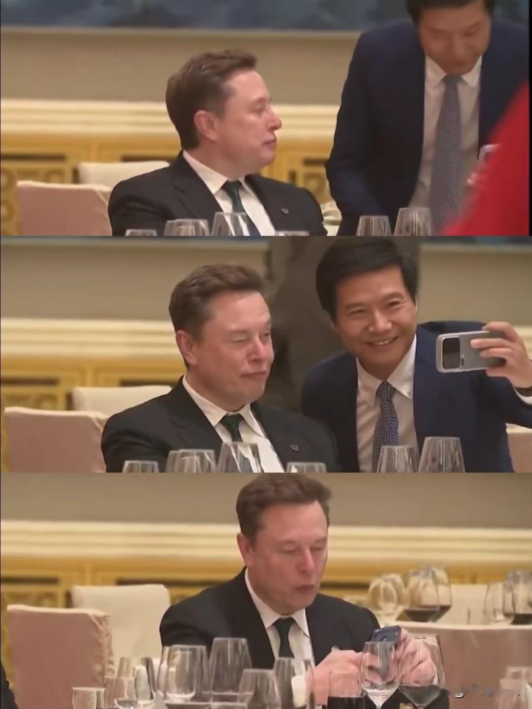马斯克上一秒刚跟雷军拍完照，下一秒就刷起了手机，整个过程他都坐着，就算库克找他合
