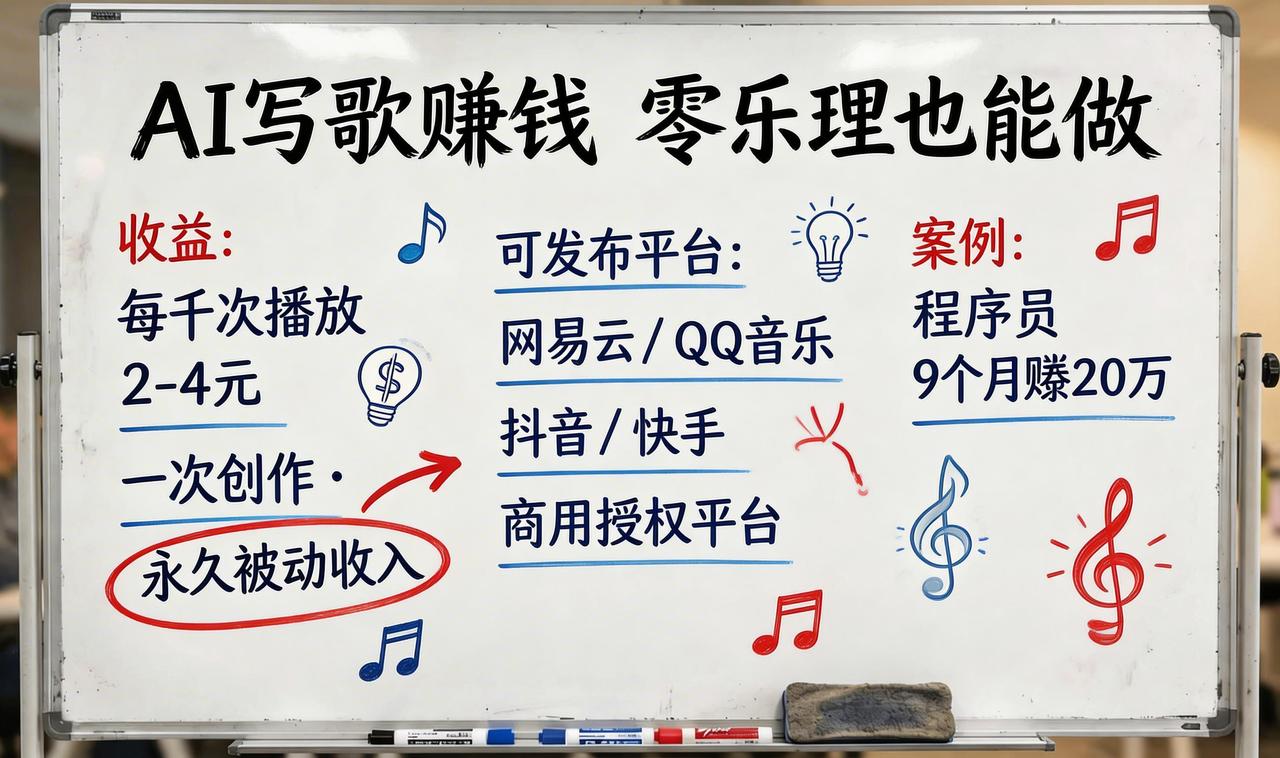 AI赚钱新思路：程序员靠AI写歌，9个月狂赚20万！零乐理基础也能复制。小张