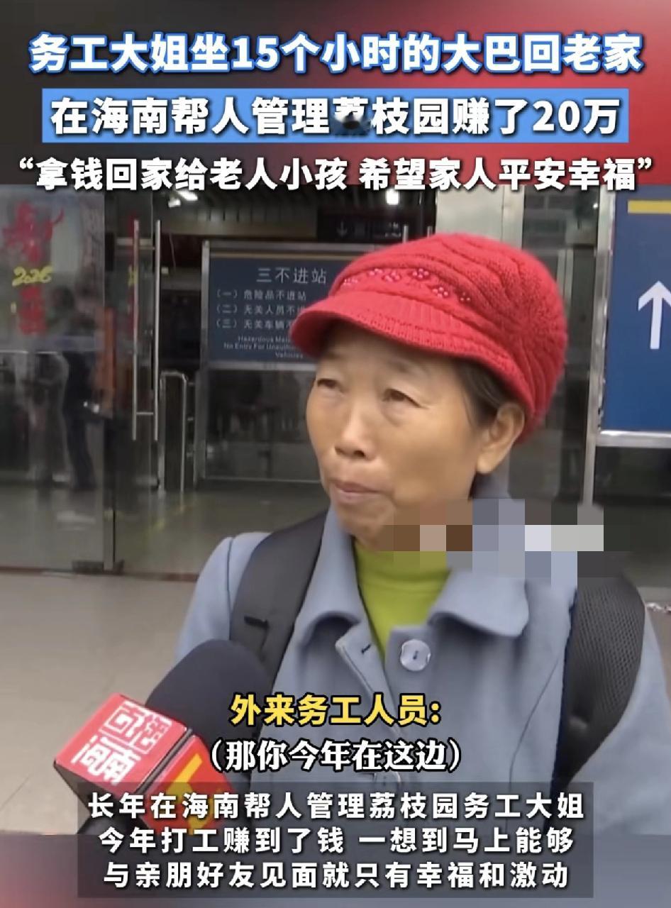 在海南务工的大姐坐15个小时的大巴回家，常年在海南务工，帮别人管理荔枝园，今年赚