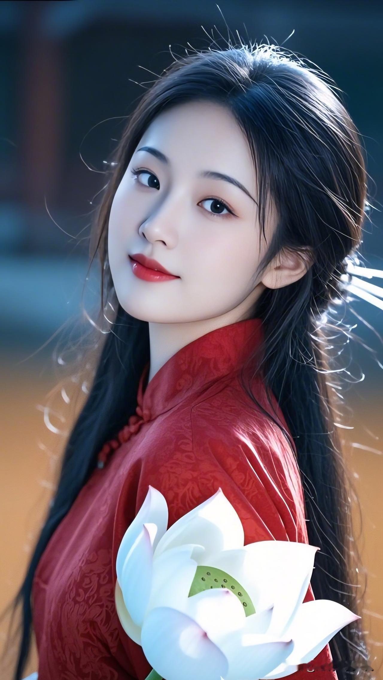 红衣美人倚莲花，古风韵味满图来。分享你心中的女神红衣少女与白莲，古风美照，惊艳