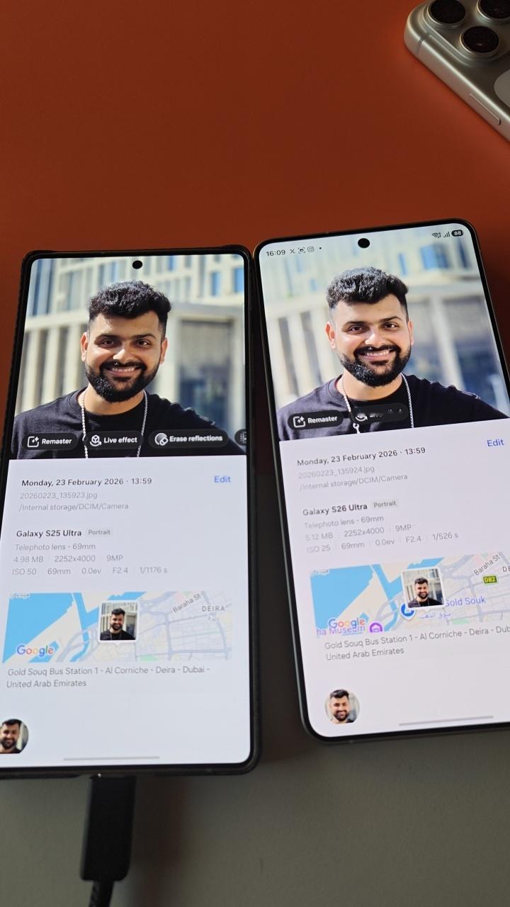 S26Ultra和S25Ultra不开启防窥功能时的屏幕对比。可以隐约看到