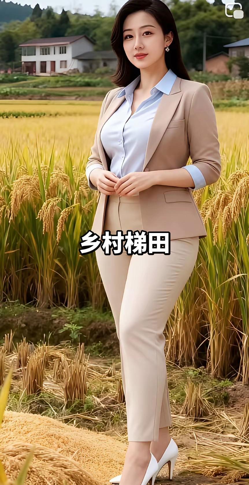 都市丽人漫步乡村梯田，时尚与自然完美融合！