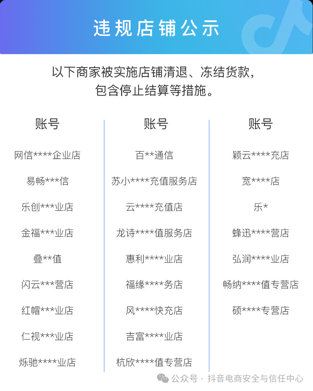 抖音发布公示: 已清退话费充值商家25个