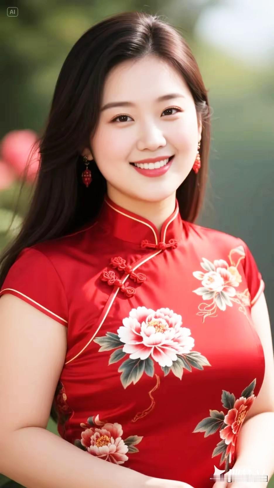 惊艳的东方美人，红衣花枝招展，笑靥如花！🌸💃🏻