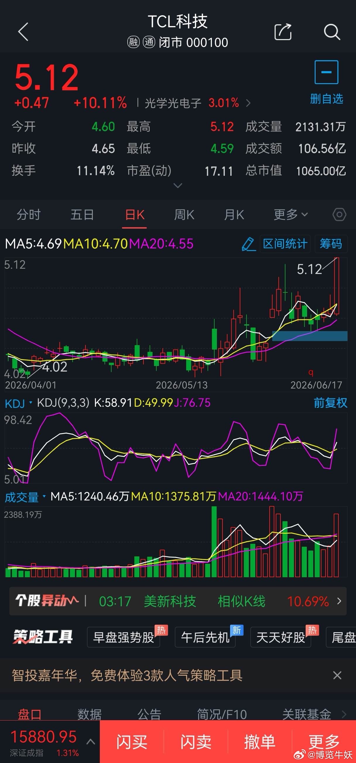 6月18日短线股票300285国瓷材料概念题材:MLCC概念，可于75元附近2成