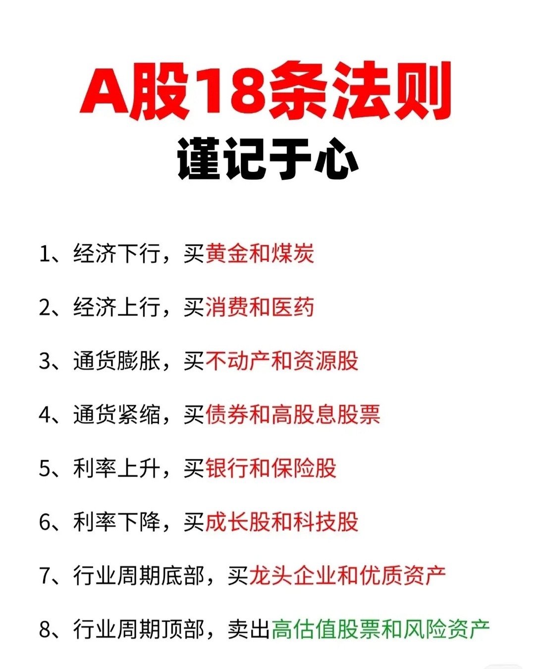 A股18条投资法则核心可总结为：经济周期（下行买黄金煤炭、上行买消费医药）、通胀