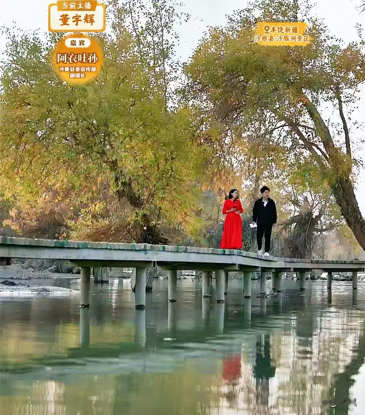 董宇辉新疆行第三天来到沙雅嘉宾阿依吐孙老师在一片胡杨林中身着一袭红衣款款走来