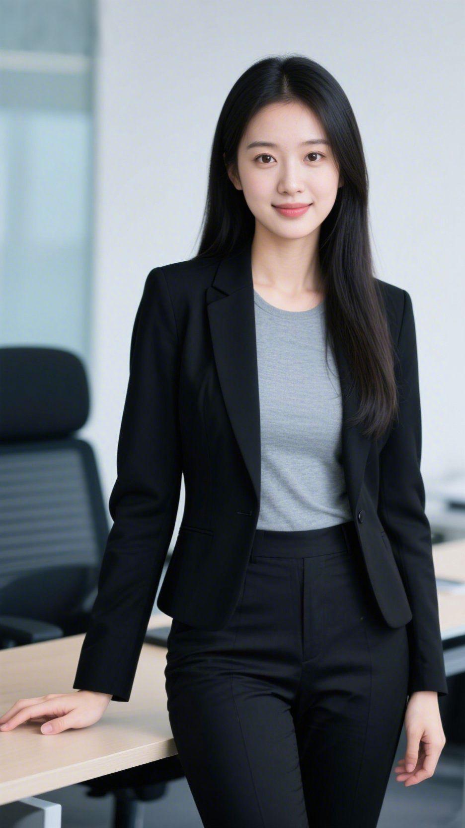 《办公间的从容底色》浅光漫过办公室的桌沿，她立在那里，黑西装裹着妥帖的舒展