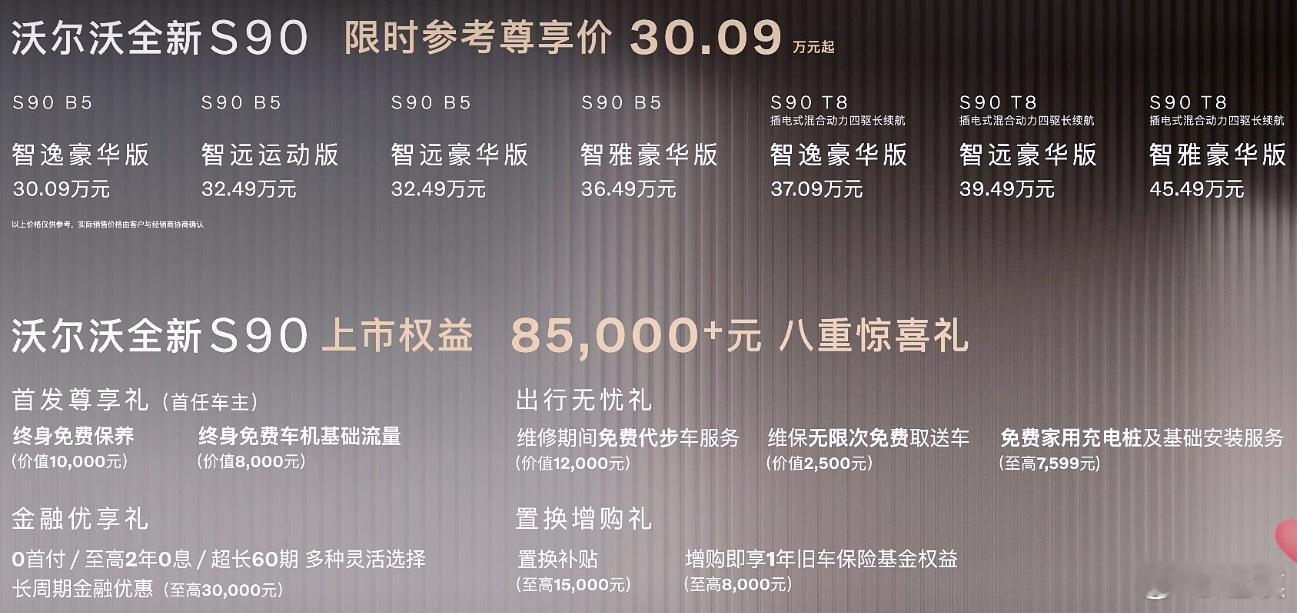 沃尔沃全新S90的价格来了，7个车款，依然还是燃油版和插混版两个动力形式，售价区