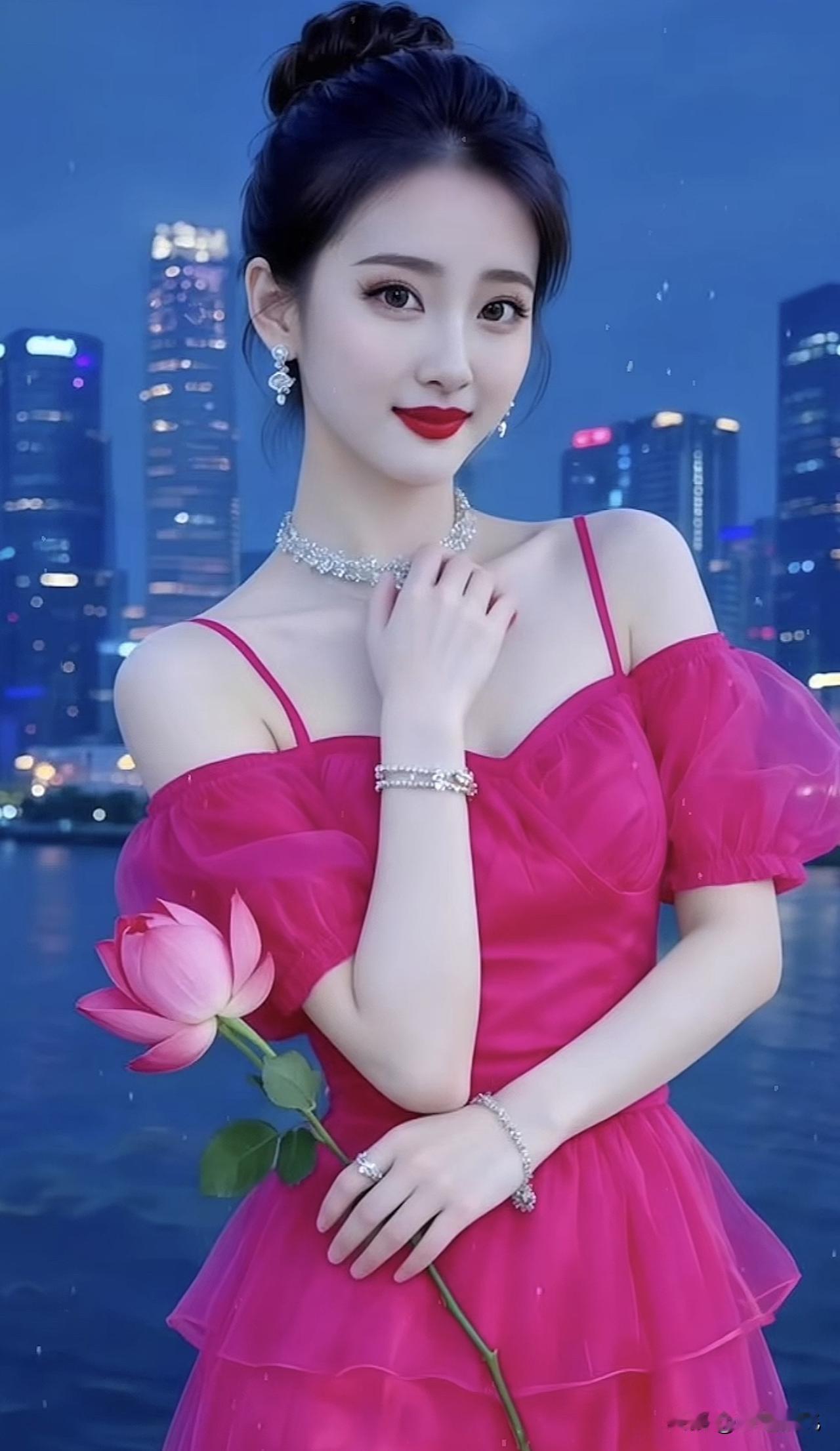 夜晚的璀璨都市，粉裙少女手捧莲花，优雅动人。粉裙微笑写真粉裙花畔照湖畔紫裙照
