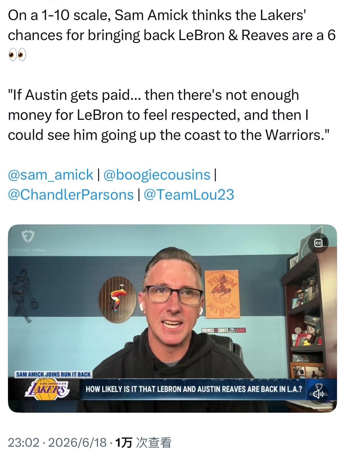 记者SamAmick：“如果要我给詹姆斯和里夫斯同时留在湖人的概率打分，1—1
