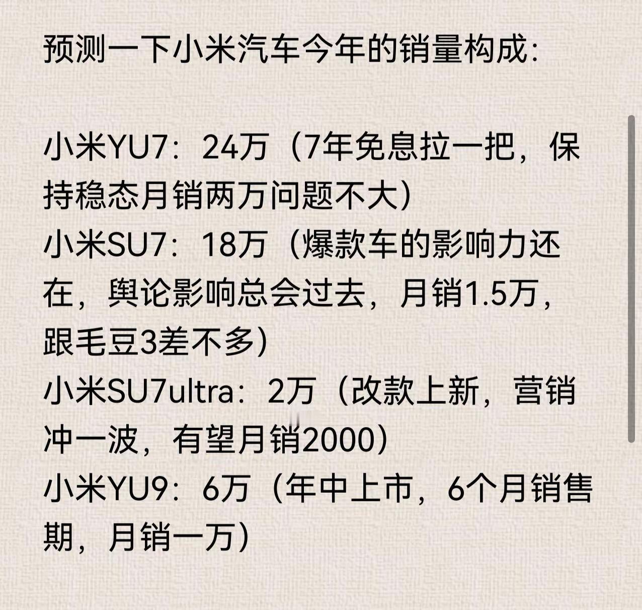小米今年55万的目标能实现吗？预测一下小米汽车今年的销量构成：小米YU7：24万