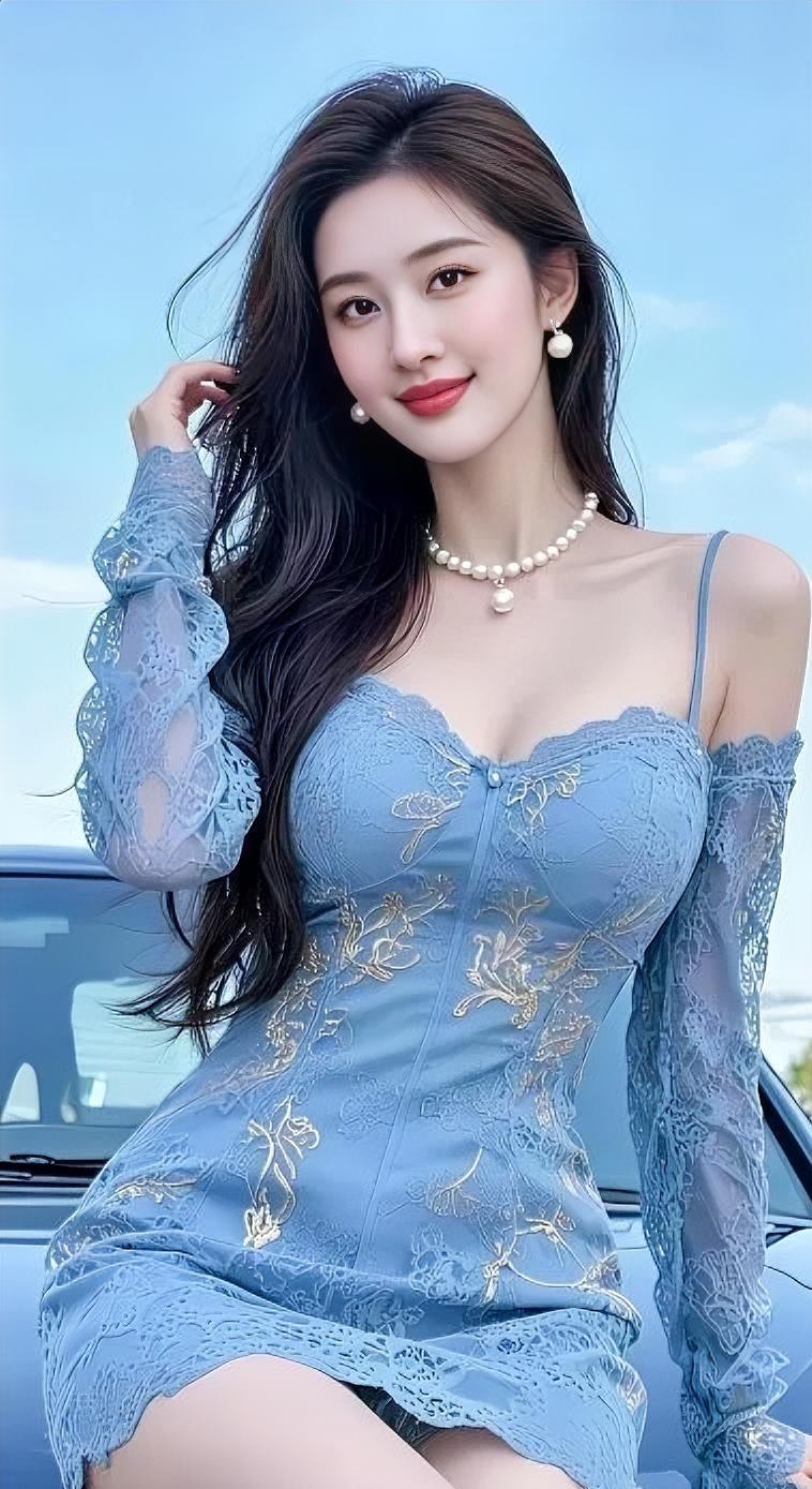 蓝天白云映衬着温柔，蕾丝蓝裙绣着金色的梦。珍珠项链闪烁，笑容甜透，微