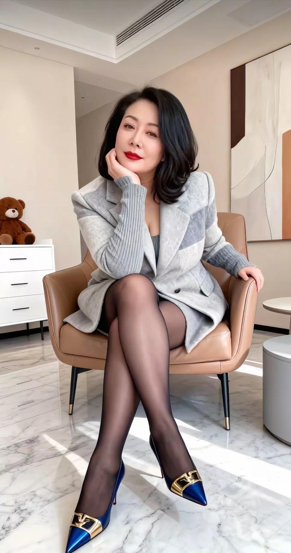 优雅气质穿搭，时尚高跟鞋搭配灰色大衣，尽显都市女性魅力。