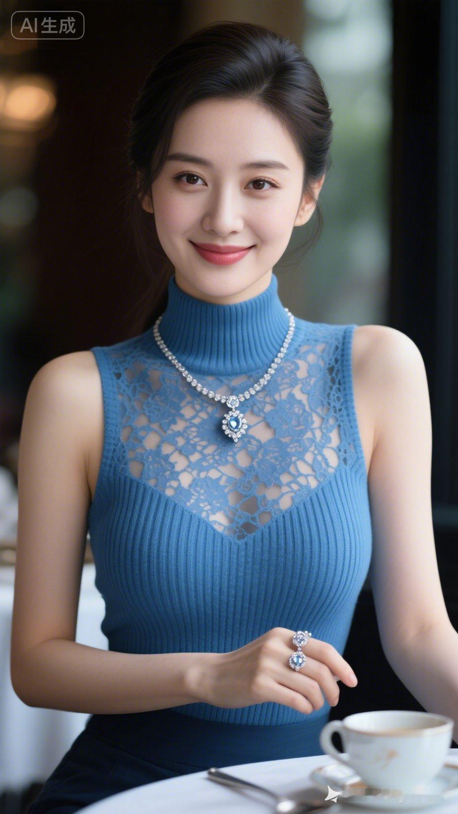 优雅蓝调，甜美笑容，咖啡时光的温柔瞬间。