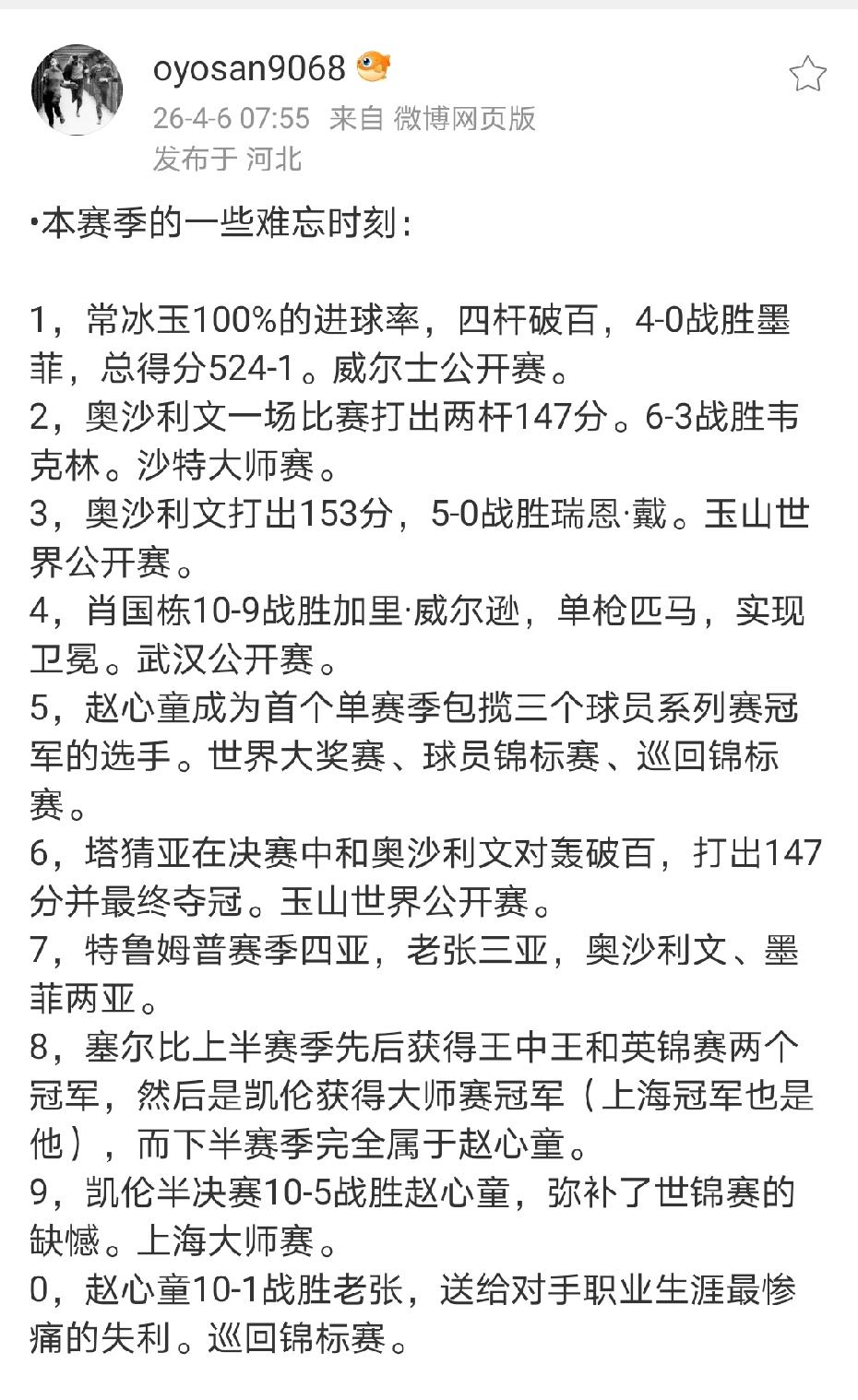 虽然斯诺克世锦赛刚刚开始，欧神总结的本赛季难忘时刻，确实到位。赵心童、奥沙利文