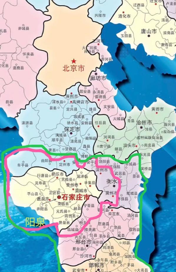 石家庄的直接势力范围：地图粉圈内。管辖地区加上阜平、曲阳、定州、安平、深州、冀州