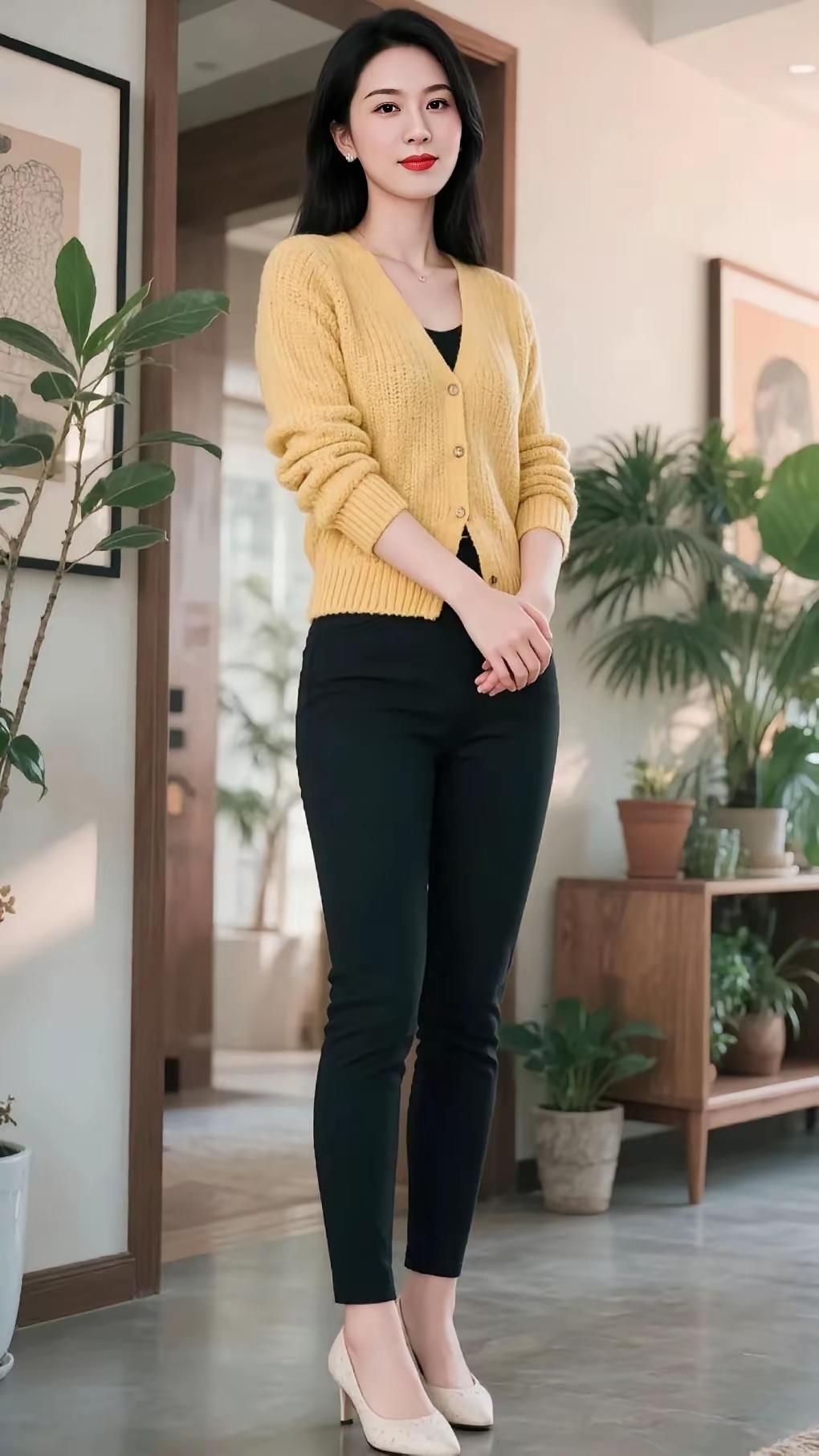 优雅穿搭指南：黄色毛衣+黑色紧身裤，简约而不失时尚！