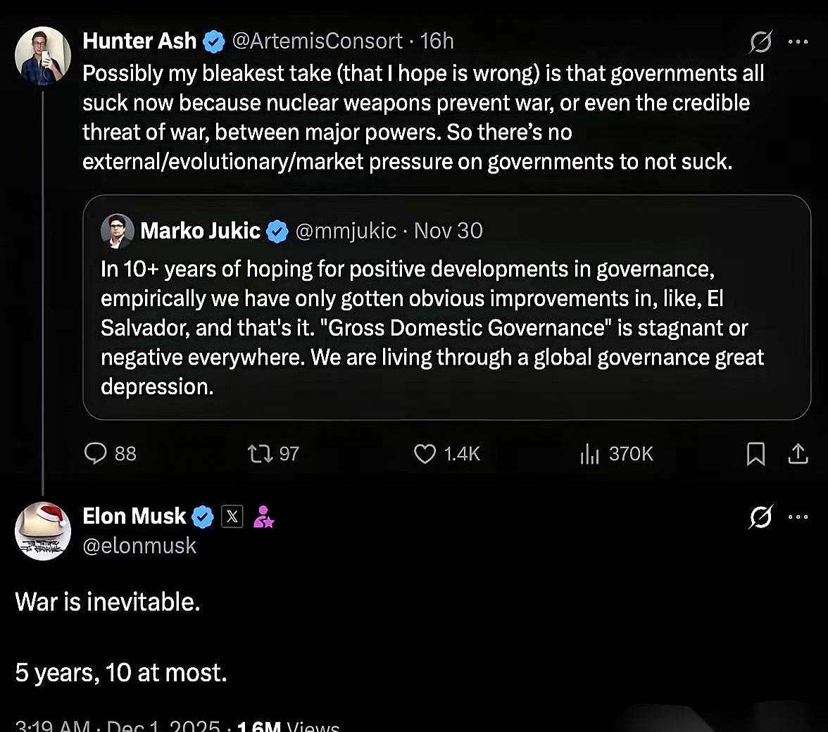 马斯克凌晨三点不睡觉，在网上敲下一行字：战争不可避免，五年，最多十年。你以为他