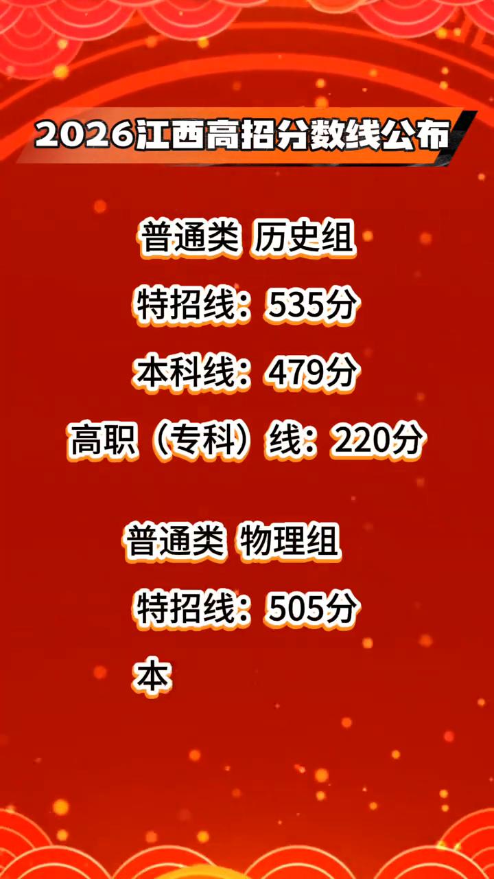 2026江西高招分数线公布。·普通类历史组：特招线：535分，本科线：479分
