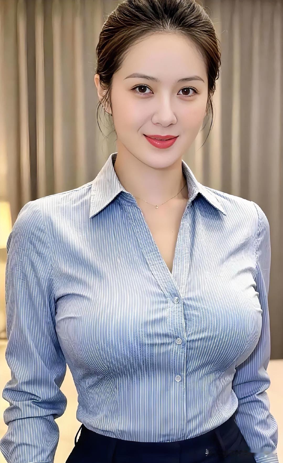蓝白条纹衬衫简约干练，盘发显精神，眉眼温润自信，透着都市女性的知性魅力。