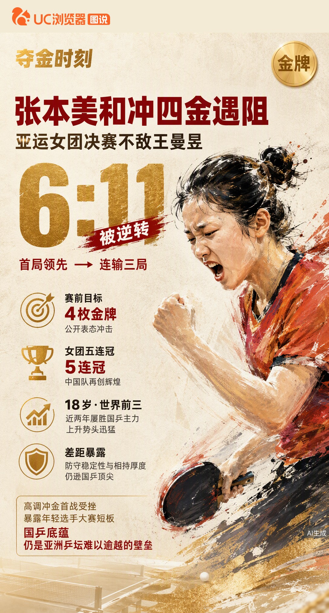 国乒女团亚运五连冠！决赛王曼昱在先丢一局后连扳三局逆转张本美和。这位赛前喊出冲4金的18岁新星，终究