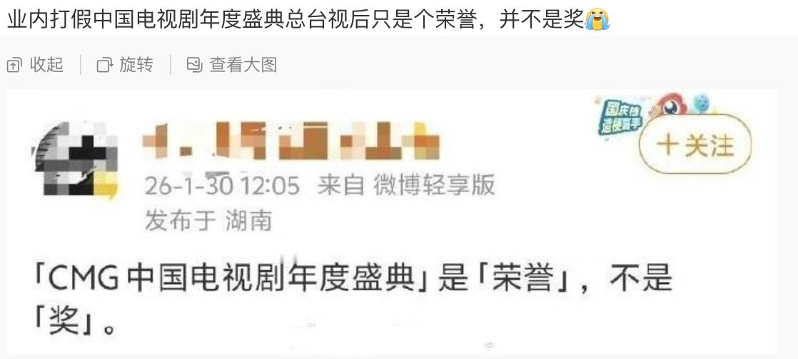 业内打假中国电视剧年度盛典总台视后只是个荣誉，并不是奖，昨晚好多人高潮了。