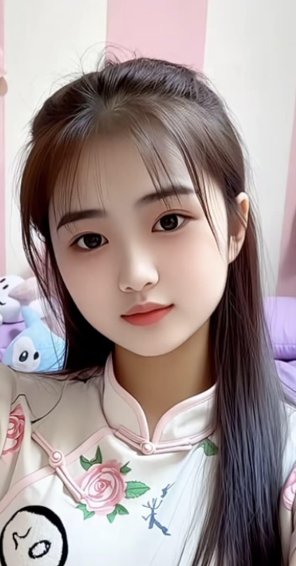 甜美少女风，粉色玫瑰刺绣旗袍，清新自然妆容，元气满满的一天！🌸💕