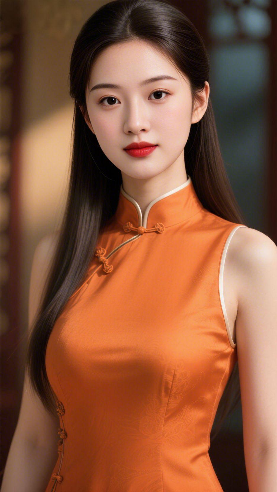 橘襟栖庭间温静暖光漫过木窗，她立在檐下——橘色旗袍裹着软缎的柔，盘扣轻缀如