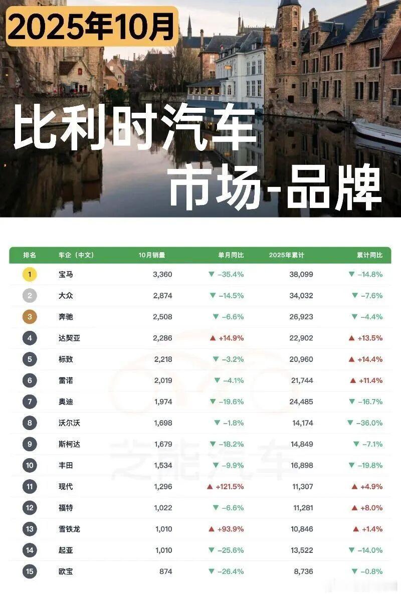 2025年10月比利时车市连续第19个月下滑，整体销量同比降6.8%