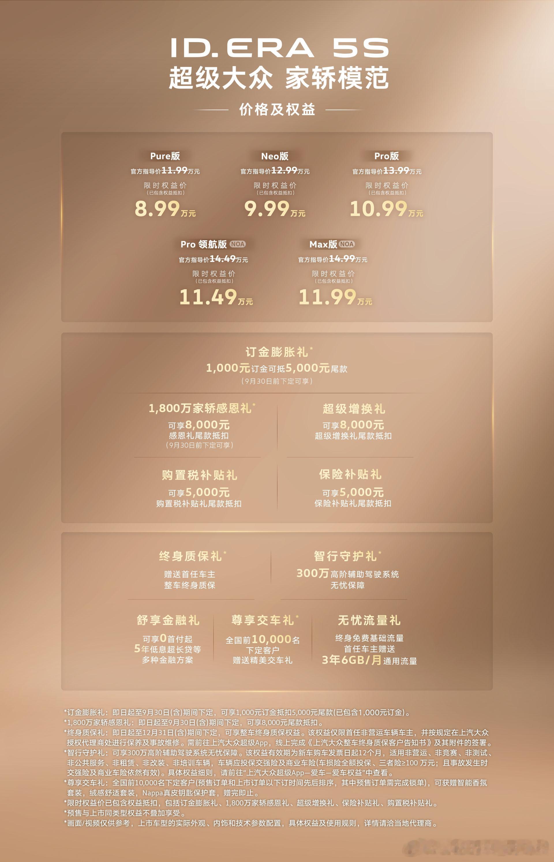 大众ID.ERA5S五个版本，直接把价格和怎么选给大家捋一下：Pure版：指