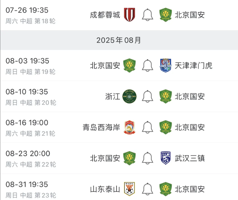 接下来北京国安的赛程相当魔鬼啊。客场踢成都蓉城，主场踢天津津门虎，客场踢浙江，没