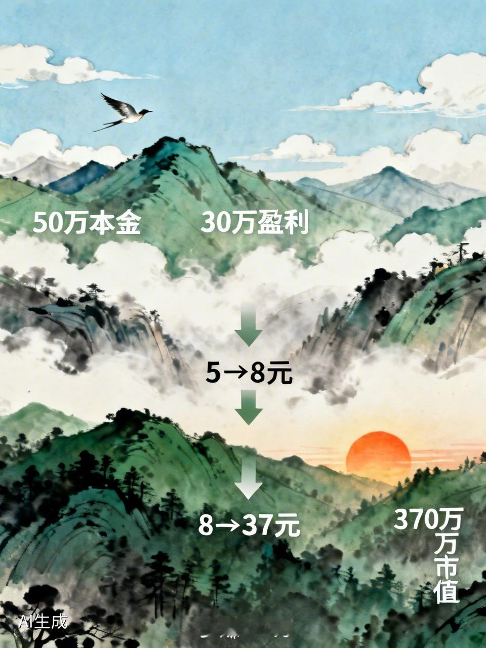 50万本金，5块钱买入10万股，涨到8块，账上多了30万。他慌了，全部清仓卖出。