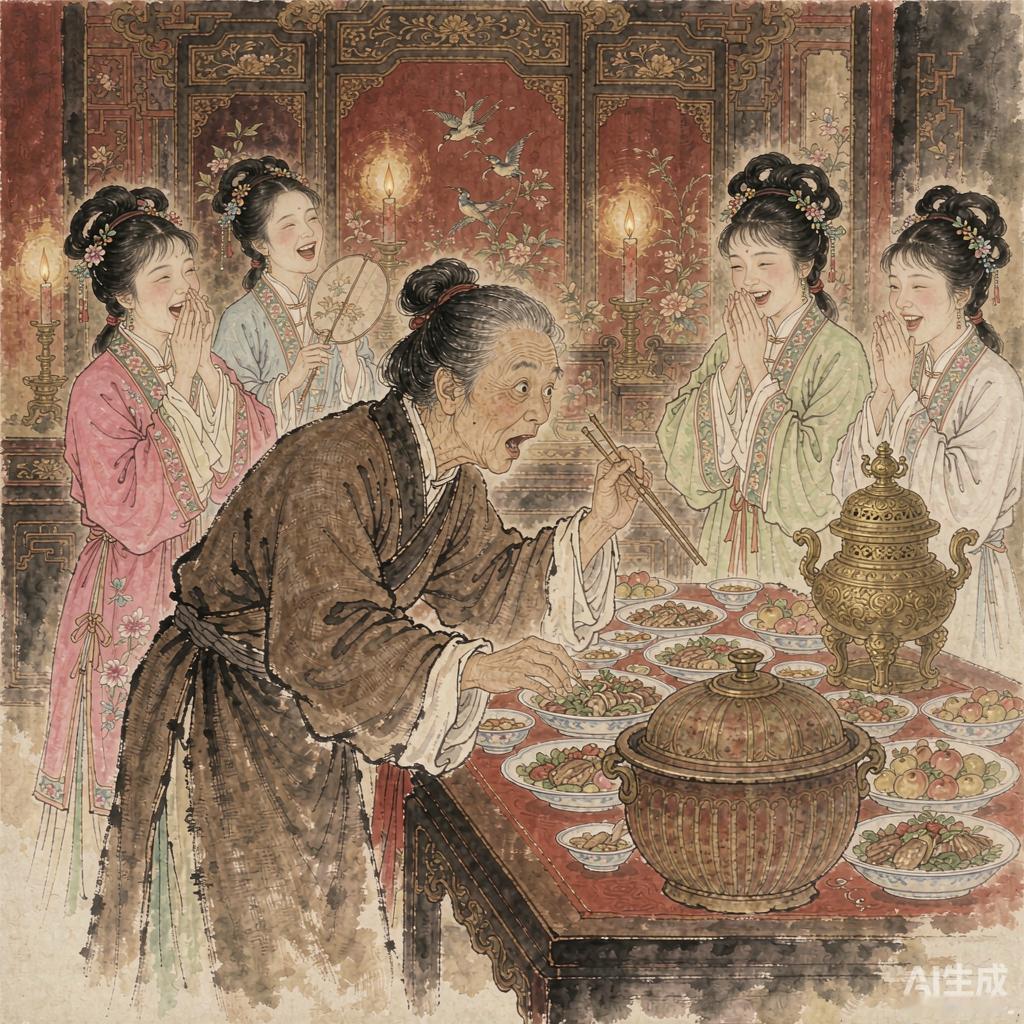 刘姥姥第二次进贾府，临走的时候，我哭了。她70岁那年，背着一板车自家晒的红
