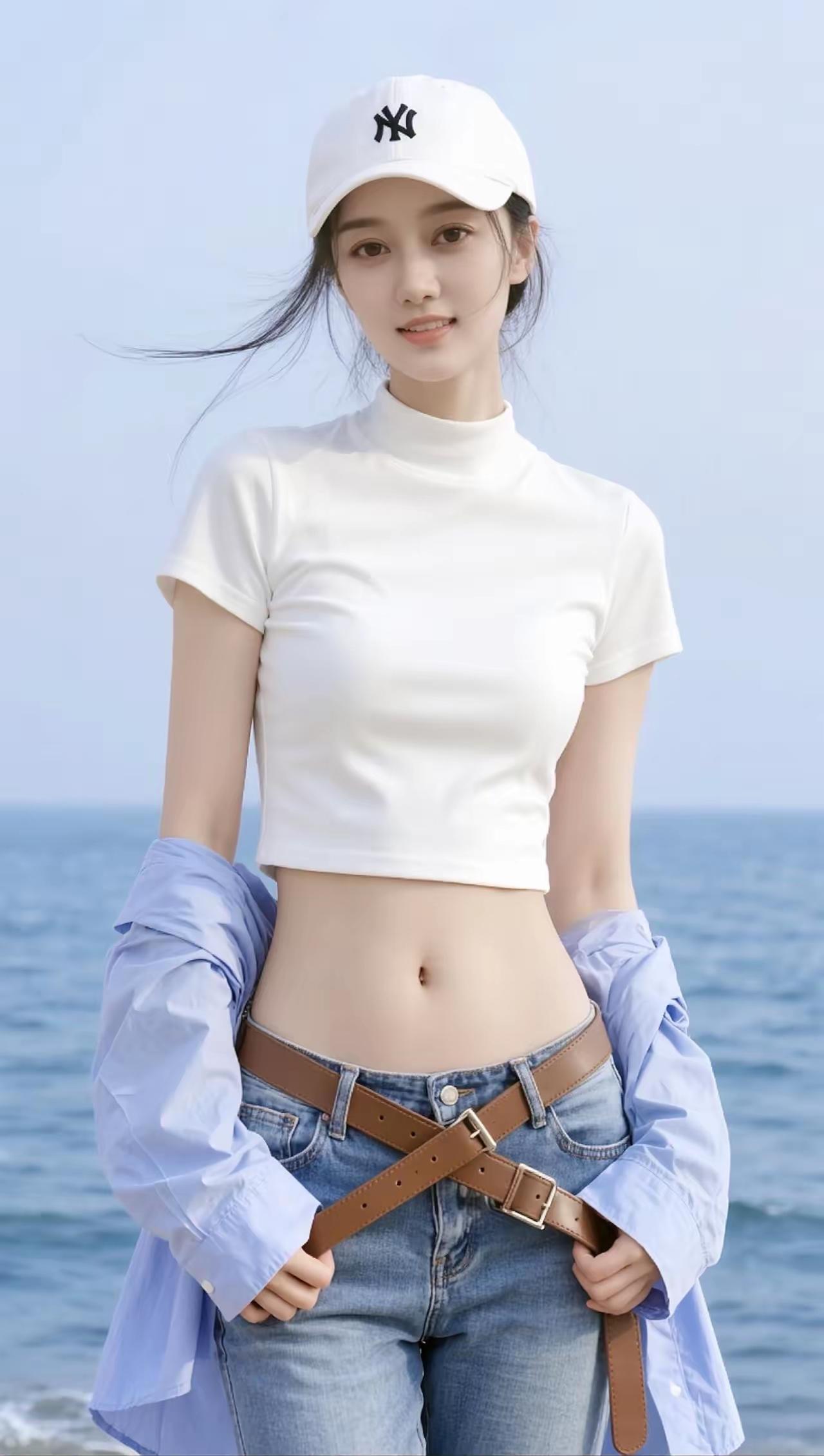 夏日清新穿搭，白色短款上衣+牛仔裤，轻松自在的海边风！🌊👗👒