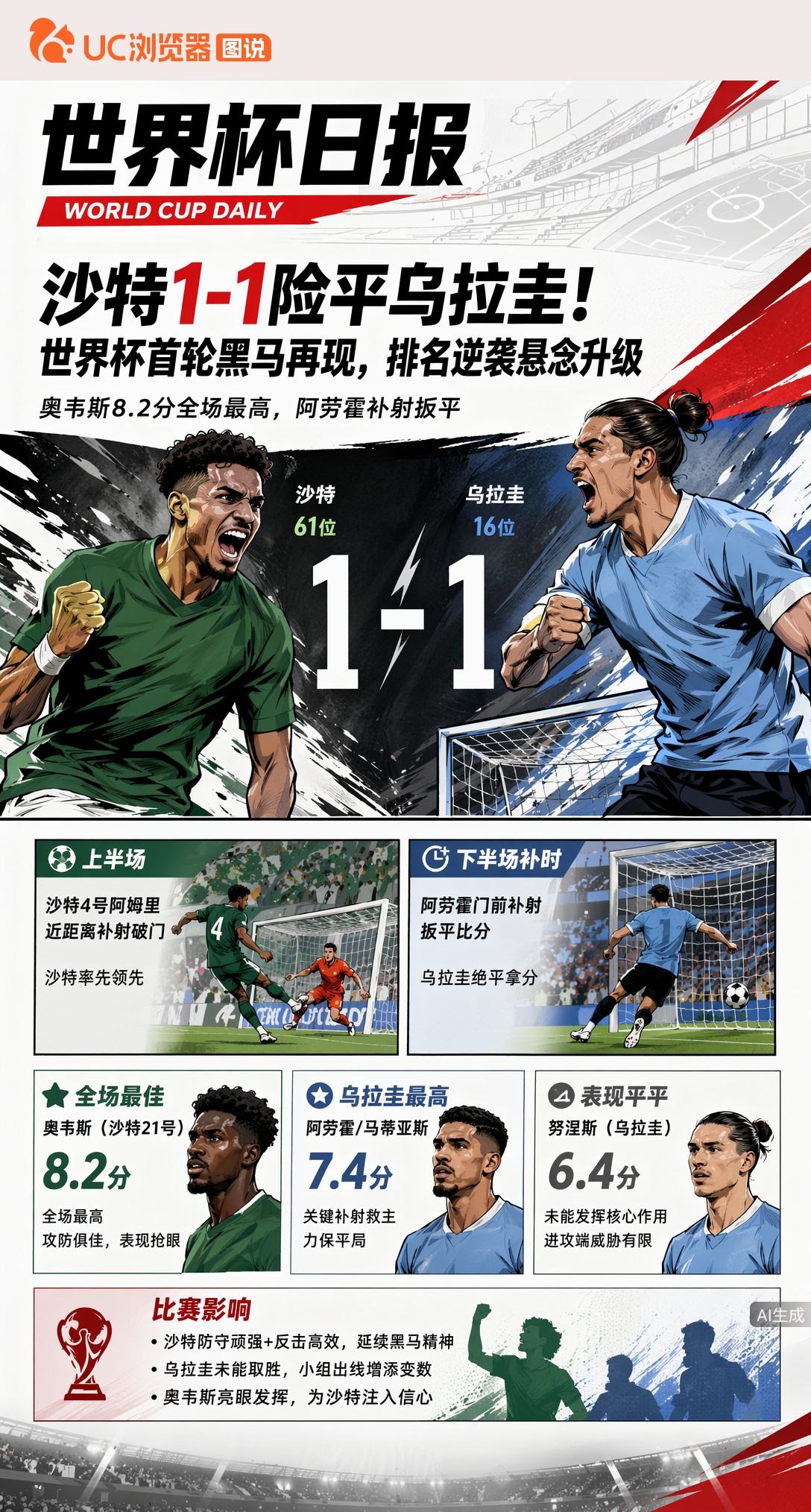 沙特1-1险平乌拉圭！世界杯首轮黑马再现，排名逆袭悬念升级
