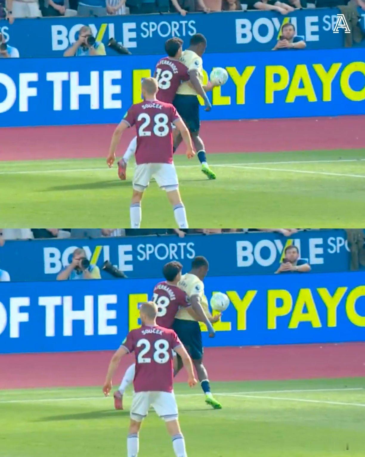 这都没表示？英超惊险手球漏判！英超第34轮，西汉姆联主场2-1击败埃弗顿。第