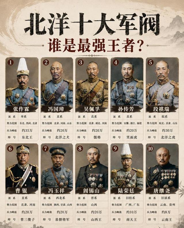 北洋十大军阀实力排行榜！很多人以为段祺瑞才是最强的，但看兵力和地盘，张作霖才是